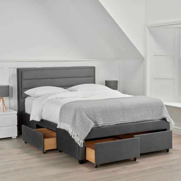 Greenwich Grey Velvet Bed With 4 Drawers Storage Double and Kingsize