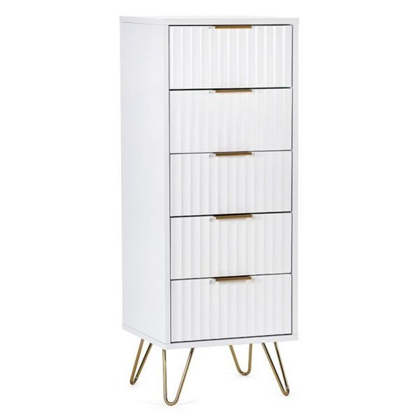 Golden Legs Murano 5 Drawers Tallboy Chest of Drawer White Matt