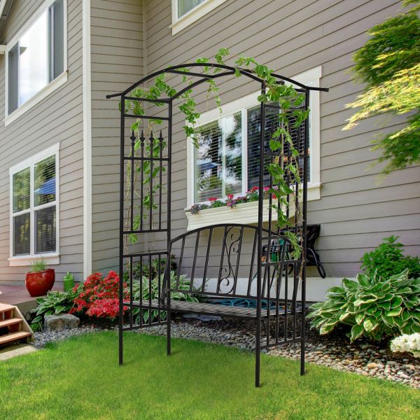Metal Arbor Arch Garden Climbing Frame With 2Seat Bench