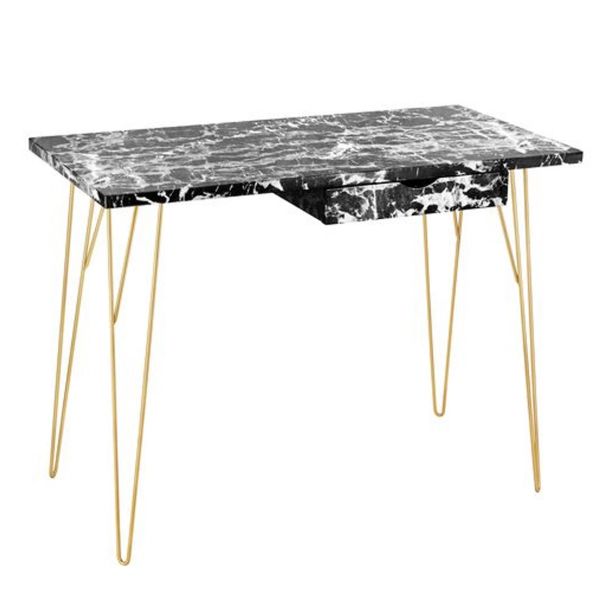 Fusion Gold Hairpin Legs Desk with Drawer Black Marble Effect