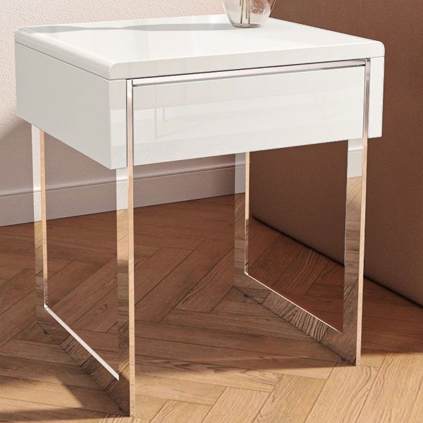 White High Gloss Side Table with Drawer