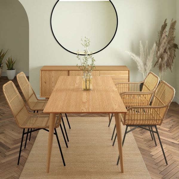 Briana Oak Extendable Dining Table with 2 Rattan Dining Chairs & 2