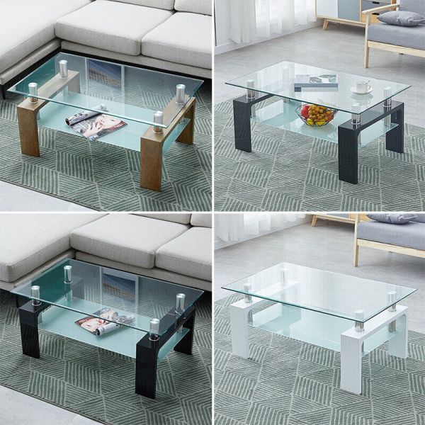 2 Tier Clear Glass Rectangle Coffee Table MDF Legs 3 Colours