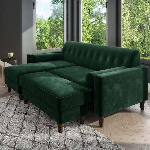 Green Velvet 3 Seater Corner Sofa with Matching Footstool Idris