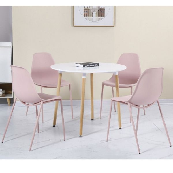 Lindon White and Oak Dining Set 4 Pink Chairs