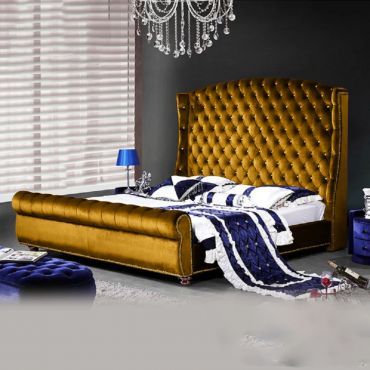 Rosio Plush Velvet Fabric Bed, Mustard Colour - 5 Sizes