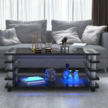 Rectangle Movable High Gloss LED Coffee Table With Shelves - Black