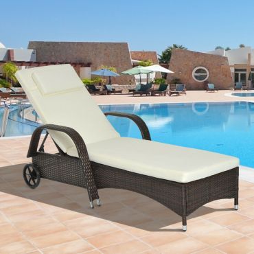 Adjustable Rattan Wicker Recliner Sun Lounger With Cushion - Brown