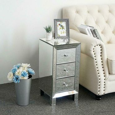 3 Drawers Mirrored Glass Cabinet Side End Table With Crystal Handles