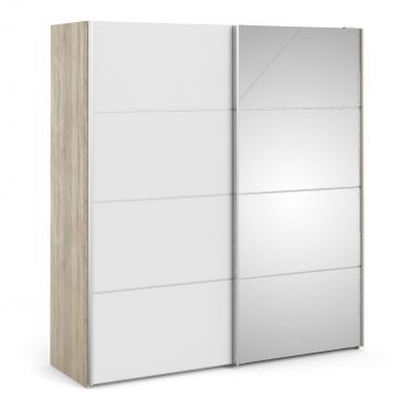Verona Sliding Wardrobe 180cm in Oak with White and Mirror Doors with 2 Shelves - Oak with White and Mirror