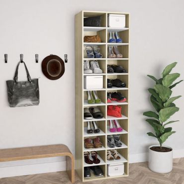 Shoe Cabinet White and Sonoma Oak 54x34x183 cm Chipboard