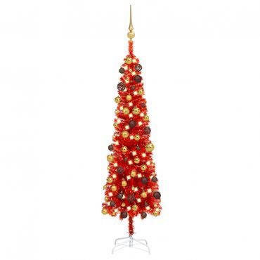 Slim Christmas Tree with LEDs&Ball Set Red 120 cm