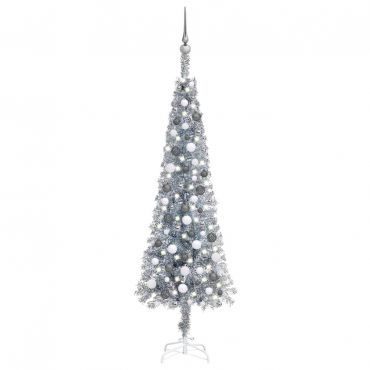 Slim Christmas Tree with LEDs&Ball Set Silver 180 cm
