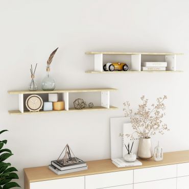 Wall Shelves 2 pcs White and Sonoma Oak 105x18x20 cm Chipboard