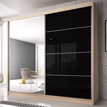 Mable-XI 2 Door Mirrored Sliding Wardrobe - Sonoma Oak & Black Gloss