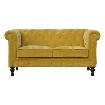Velvet Chesterfield 2 Seater Sofa - Mustard