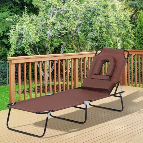 Folding Recliner Sun Lounger With Pillow Hole - Brown