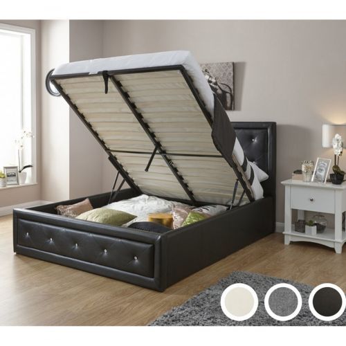 Hollywood Diamante Leather Gas Lift Ottoman Bed - Black, White or Stone Fabric