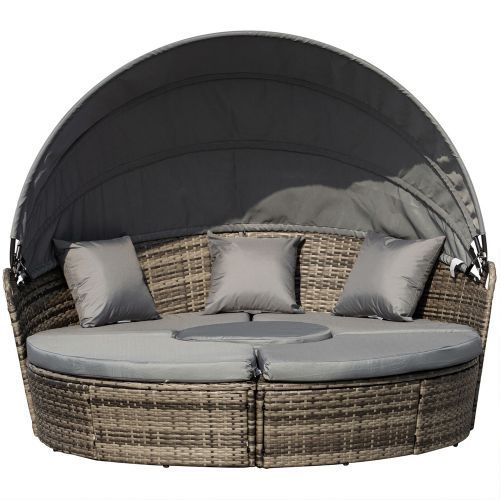 5 PCs Rattan Round Daybed With Table - Grey