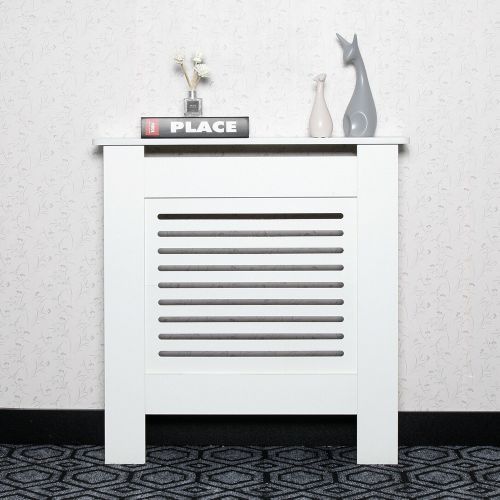 MDF Wood Horizontal Slats Grill Shelf Radiator Cabinet Cover - White
