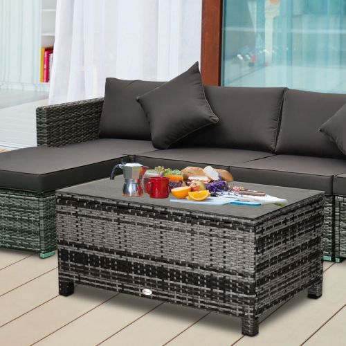 Outsunny PE Rattan Garden Coffee Table with Tempered Glass Top - Grey